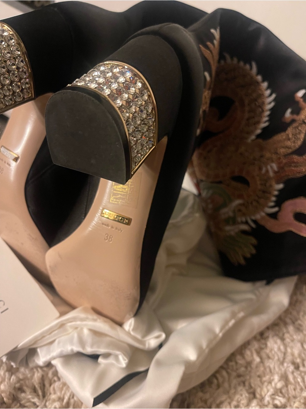 Gucci Black Satin Tall Boots with Embroidered Dragon Motif - Picture 7 of 8